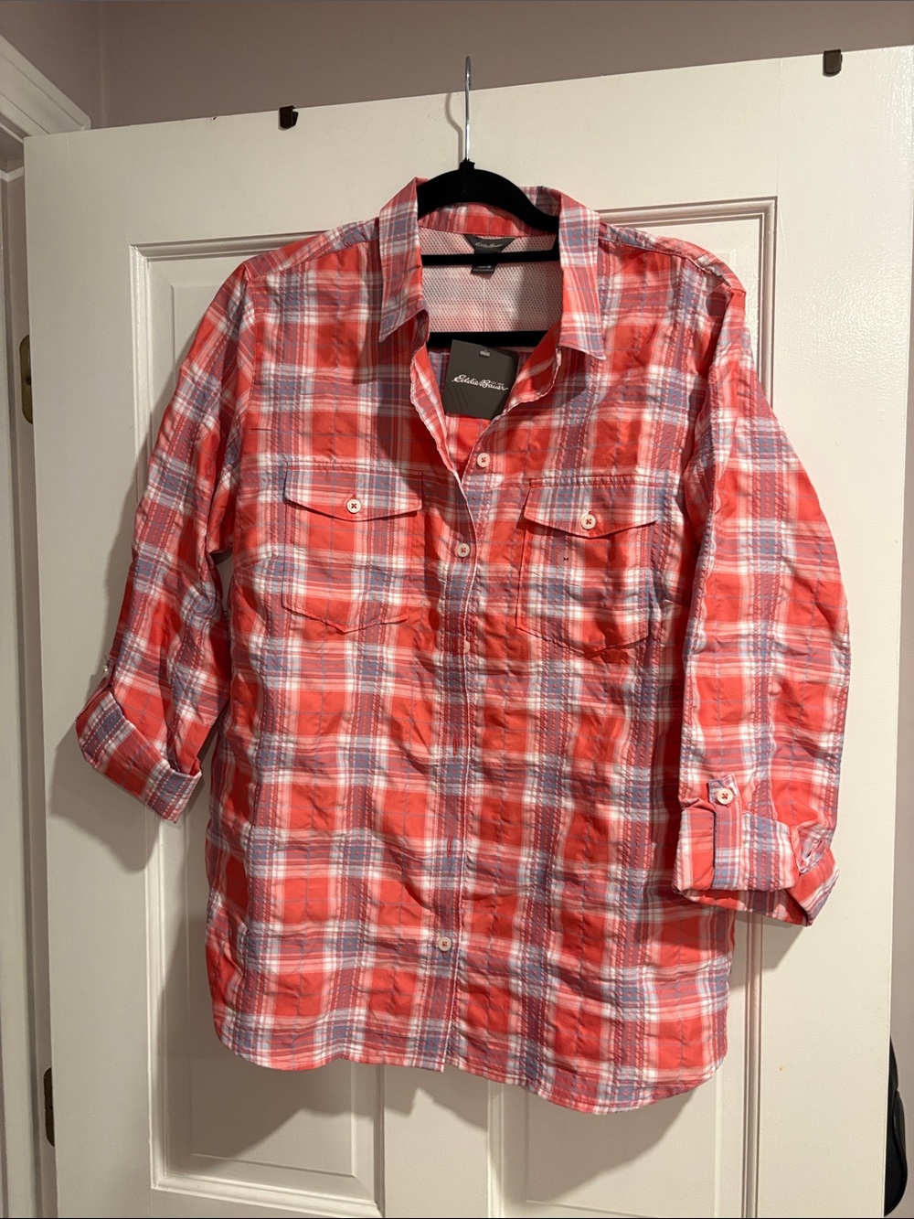 Eddie Bauer Coral Plaid Button-Down Shirt